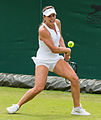 Michelle Larcher de Brito competing in the first round of the 2015 Wimbledon Qualifying Tournament at the Bank of England Sports Grounds in Roehampton, England. The winners of three rounds of competition qualify for the main draw of Wimbledon the following week.