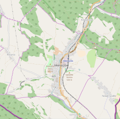 Mapa konturowa Mieroszowa, w centrum znajduje się punkt z opisem „Stacja kolejowa Mieroszów”