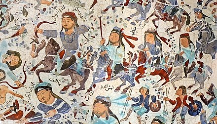 Mina'i bowl depicting battle scene in Khalkhal, Iran, early 13th century. Kashan, Iran.[60][61]