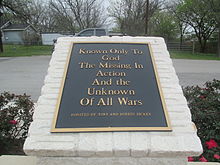 "Missing in Action" plaque at Veterans Memorial Park in Rhome in north Texas Missing in Action plaque, Rhome, TX IMG 7063.JPG