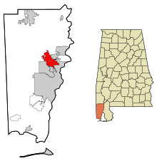 Aree incorporate e non incorporate nella contea di Mobile Alabama Saraland Highlighted.svg