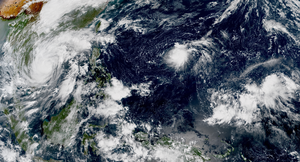 Three tropical cyclones present in the western Pacific Ocean simultaneously on October 28. From left to right: Molave, Goni, and a low-pressure area which later became Atsani (at bottom-right). Molave, Goni, 90W.png