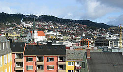Eastward view of Molde. Molde Cathedral (left).