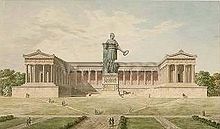 Ansicht der Ruhmeshalle mit Bavaria, Entwurf von Leo von Klenze, 1834, Staatliche Graphische Sammlung München