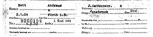NSDAP-Mitgliedskarte, per Schreibmaschine ausgefüllt. Name: Rett, Andreas / Geb-Datum: 2.1.24 Geb-Ort: Fürth i. B. / Nr.: 9266108 Aufn.: 1. Sept. 1942 / Wohnung: J. Amthorstr. 4 / Ortsgr.: Innsbruck / Gau:Tirol