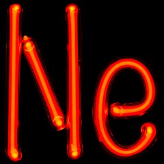 Illuminated orange gas discharge tubes shaped as letters N and e
