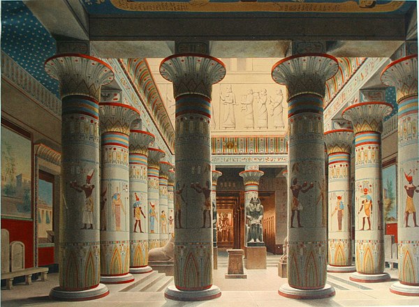 1862 lithograph of the Aegyptischer Hof (English: Egyptian court), from the Neues Museum (Berlin), built in the Neo-Egyptian style