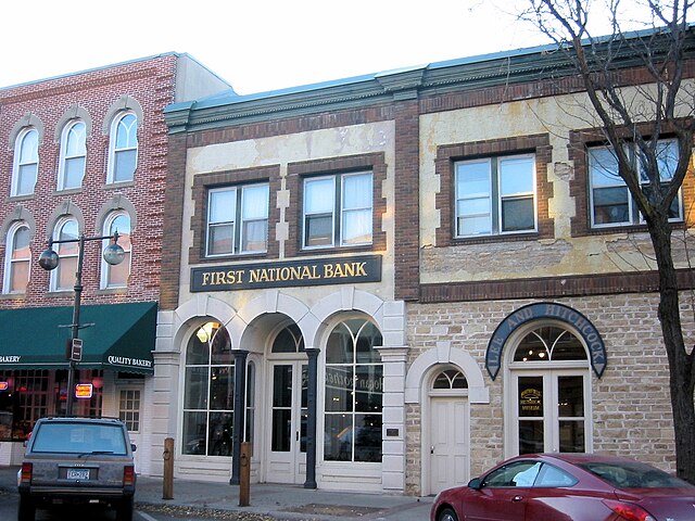 The First National Bank building in Northfield, site of the robbery