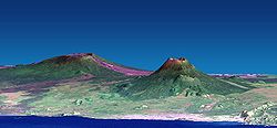 A Nyiragongo és a Nyamuragira vulkán műholdfelvételekből összeállított képen