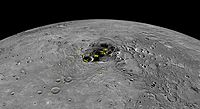 Water ice (yellow) in permanently shaded craters of Mercury's north polar region