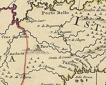 1702 map of the Isthmus of Panama - Morgan and his men went from top 'Chagre cast' along the River Charges to 'Old Panama' (at bottom) Panama isthmus 1702.jpg