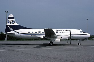 Partnair Convair CV-580 at EuroAirport Basel-Mulhouse-Freiburg in 1987 Partnair Convair 580 side.jpg