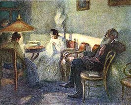 Onder 'n Lamp (Leo Tolstoi tussen sy familie), 1902, pastelkleur op papier