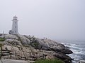 Peggys Cove lighthouse in the fog