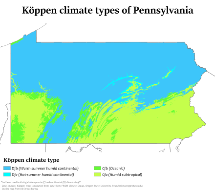 Köppen climate types in Pennsylvania