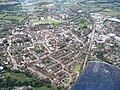 Aerial view of Petersfield showing the railway (right) and station (centre right)