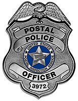 Current badge of the Postal Police Force bearing the badge number of fallen Postal Police Officer Michael J. Healy Postal Police Officer Badge.jpg