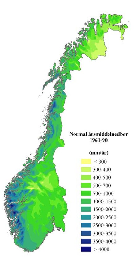 Annual mean precipitation. <small>Source: The Norwegian Meteorological Institute (met.no)</small>