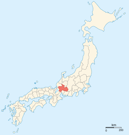 Kaart met de voormalige Japanse provincies (1868) met Mino in het rood