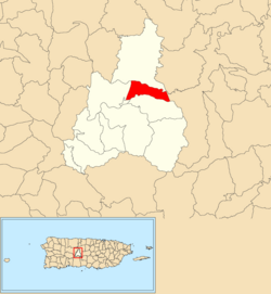 Jayuya belediyesi içinde Río Grande'nin konumu kırmızıyla gösterilmiştir