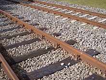 Wooden ties are used on many traditional railways. In the background is a track with concrete ties. Railroad tieswoodconcrete.jpg
