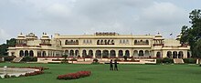 The Rambagh Palace in Jaipur reflecting Imperial Rajasthani architecture. Early 20th-century. Rambagh Palace view from garden, July 2016 cropped.jpg