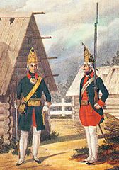 tuntematon taiteilija, Venäläisiä jalkaväen uniformuissa 1756-1762.