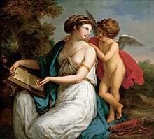 Sappho Inspired by Love 1775, Angelica Kauffmann. The text Sappho is writing in this painting comes from lines 25-26 of the Ode to Aphrodite. Sappho Inspired by Love by Angelica Kauffmann.jpg