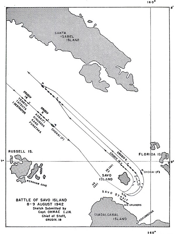 Chart of the approach and departure of Mikawa's ships from the battle area