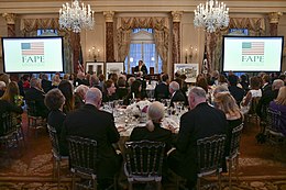 Secretary of State Mike Pompeo speaks at the 2019 FAPE dinner at the US State Department. Secretary Pompeo Delivers Remarks at the Annual Foundation for Art and Preservation in Embassies Dinner (47688947502).jpg