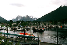 A view of Sitka's Crescent Harbor, Indian River valley and, in the background, The Sisters