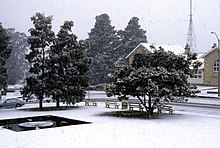 The Council Chambers during a snowfall Snow at Council Chambers, July 1987.jpg