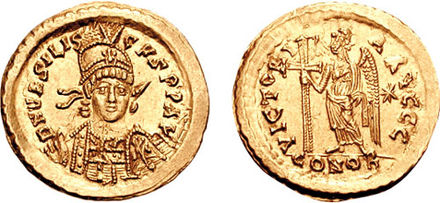 Coin of Basiliscus, who revolted against Zeno in January 475 and held power until Zeno's return in August 476. Basiliscus was Verina's brother; he took power after having Zeno flee from Constantinople, but alienated the people of Constantinople and was captured and put to death by Zeno.