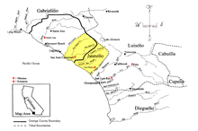 The territorial boundaries of the Southern California Indian tribes based on dialect, including the Cahuilla, Chemehuevi, Cupeno, Diegueno, Gabrielino, Juaneno (highlighted), Luiseno and Mohave language groups. Southern California Indian Linguistic Groups - Juaneno.png