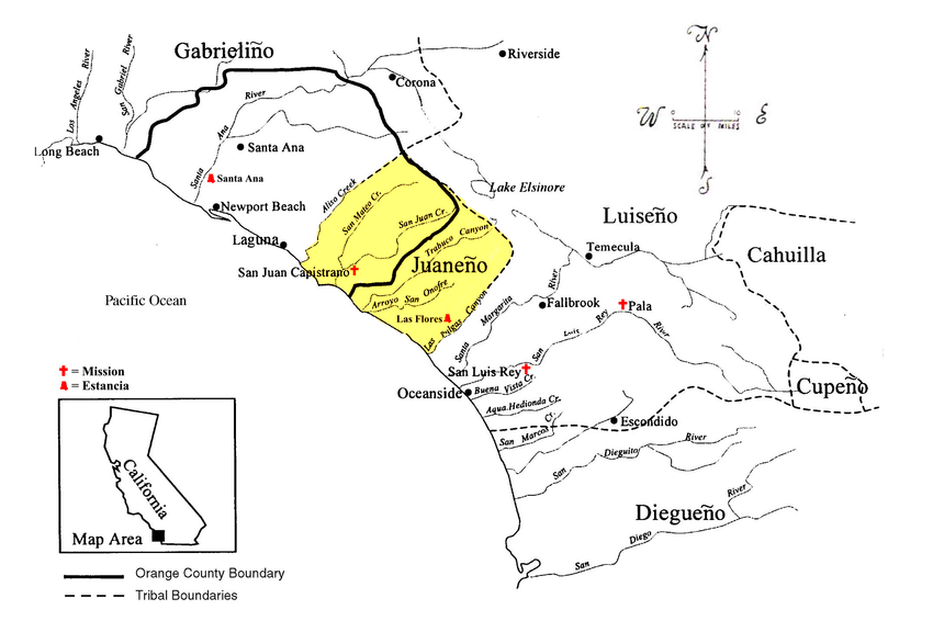 The territorial boundaries of the Southern California Indian tribes based on dialect, including the Cahuilla, Cupeño, Diegueño, Gabrieliño, Juaneño (highlighted), and Luiseño language groups.[25]