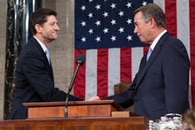Speaker Ryan (left) shakes hands with outgoing Speaker John Boehner (right) Speaker Ryan and Boehner.tif