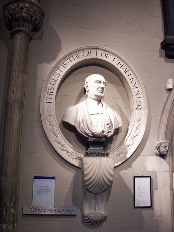 Marble bust of The V. Rev. Jonathan Swift, inside St Patrick's Cathedral, Dublin. Swift was Dean of St Patrick's from 1713 to 1745.