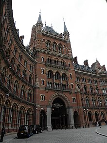 The St Pancras Renaissance London Hotel opened as the Midland Hotel in 1873 and fronts St Pancras station. St Pancras International station and St Pancras Hotel exterior 2012 04.JPG