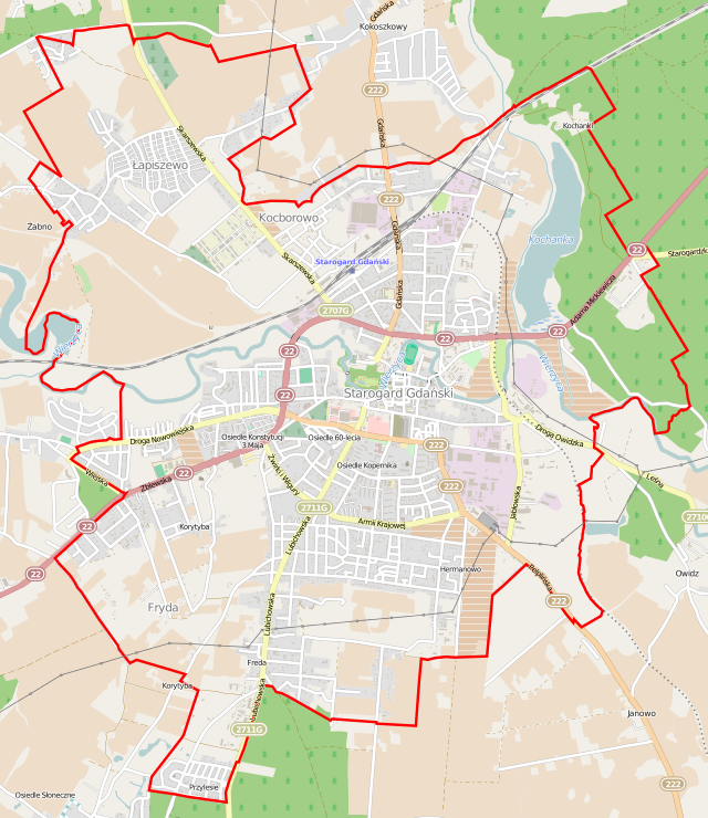 Mapa konturowa Starogardu Gdańskiego, w centrum znajduje się punkt z opisem „Kościół św. Mateusza”