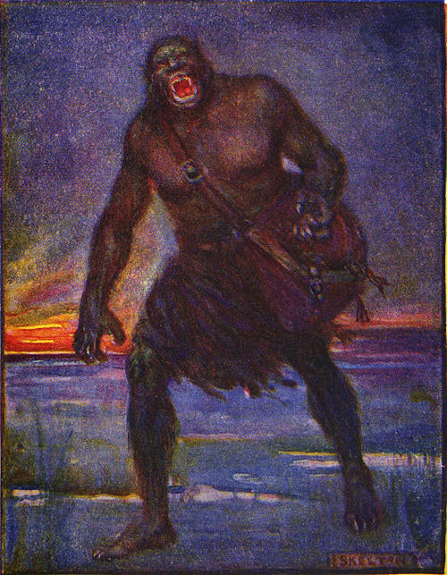 An illustration of Grendel by J. R. Skelton from the 1908 Stories of Beowulf. Grendel is described as "Very terrible to look upon."