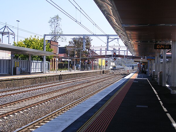 Northbound view from Platform 1 looking at the stabling yard in the distance with a Comeng stabled in the sidings, November 2012