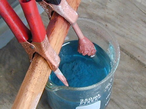 Preparation of copper(II) sulfate by electrolyzing sulfuric acid, using copper electrodes