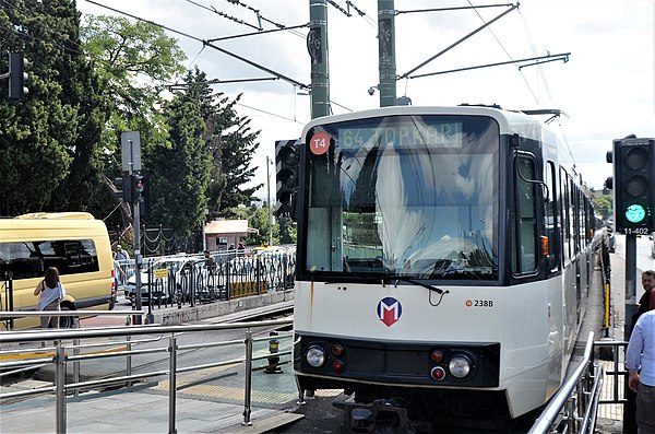 Topkapı-bound Istanbul Tram line T4 train at Şehitlik station