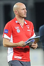 Tadhg Kennelly became the first Irish AFL premiership player in 2005 and represented Ireland 6 times. Tadhg Kennelly 2018.2.jpg