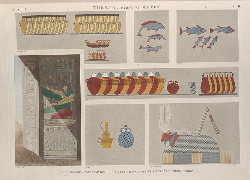 Pl.87 - 1-6. Peintures du 5-e tombeau des rois à l'est 7. Bas-relief de l'entrée du même tombeau