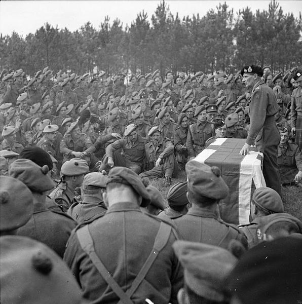 Field Marshal Sir Bernard Montgomery addressing men of the 15th (Scottish) Division during an investiture ceremony, 16 September 1944.