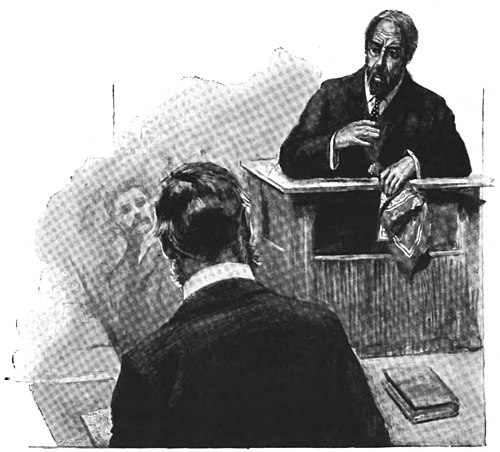 Illustration of a man in a witness box with a large handkerchief