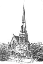 The 1872 church building, which was damaged by fire in 1902. Trinity Church Portland 1872.png