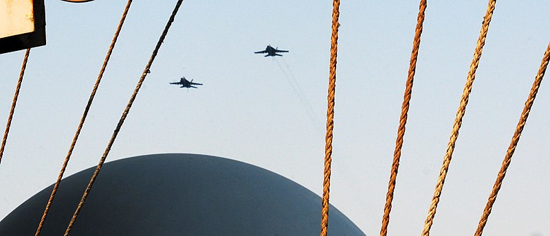 File:Two U.S. Navy F-A-18E Super Hornet aircraft assigned to Strike Fighter Squadron (VFA) 31 fly over the aircraft carrier USS George H.W. Bush (CVN 77) June 29, 2014, in the Persian Gulf 140629-N-CZ979-587.jpg