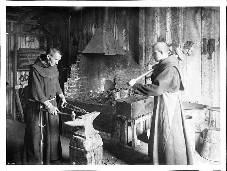 File:Two monks working in the blacksmith shop at Mission Santa Barbara, ca.1900 (CHS-4070).jpg